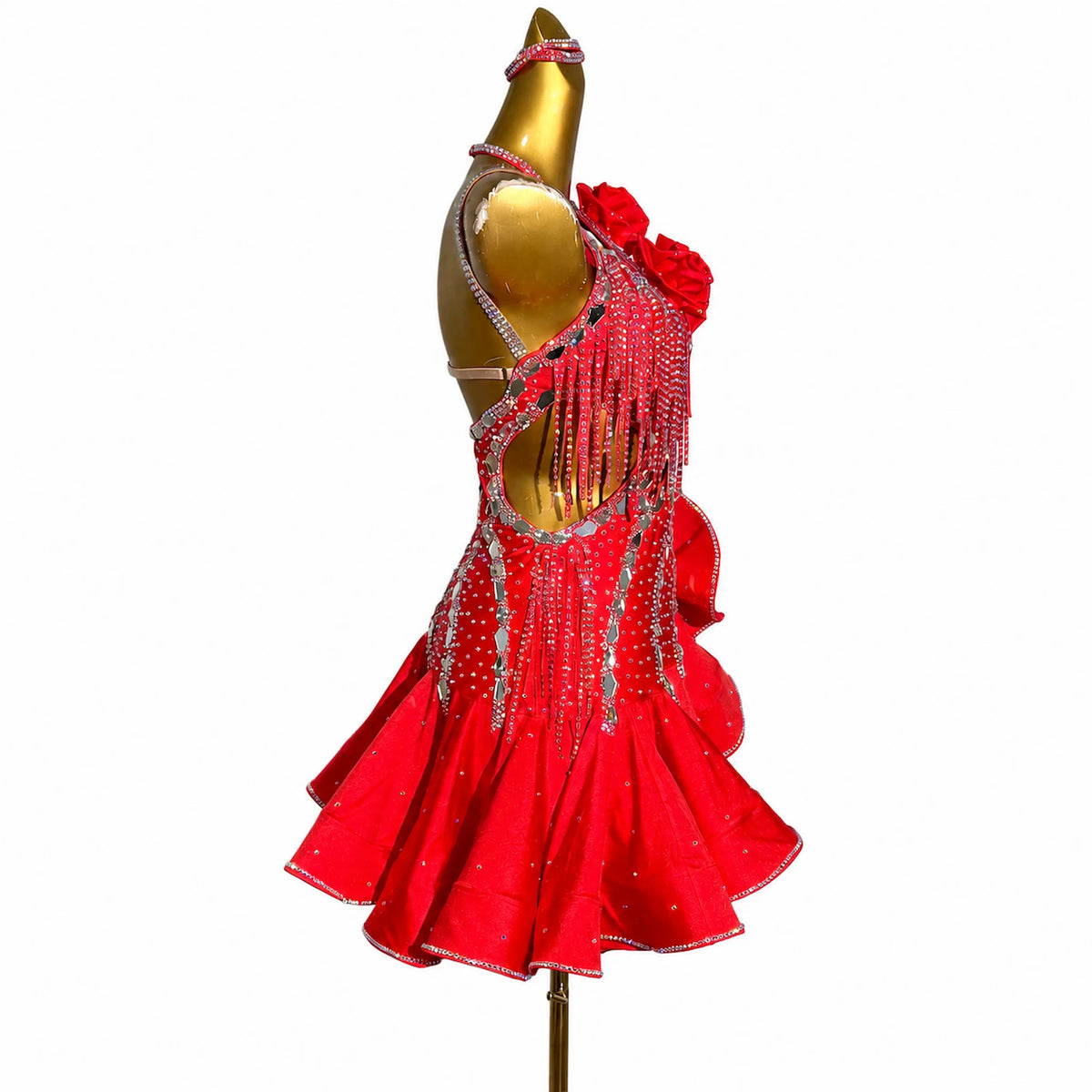 Custom Red Asymmetrical Ruffle Latin Dance Dress