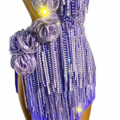 Customizable Lavender Floral Crystal Fringe Latin Competition Dress