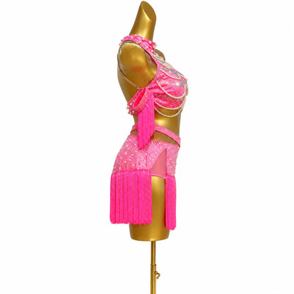 Custom Hot Pink Halter Pearl Fringe Latin Competition Dress