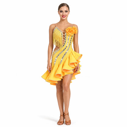 Custom Yellow Floral Fringe Stone Latin Competition Dress