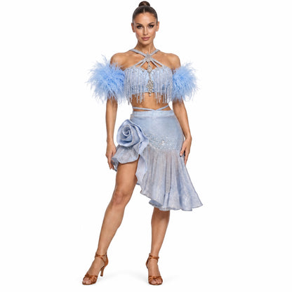 Custom Blue Feather Crystal Tassel Latin Dance Competition Dress
