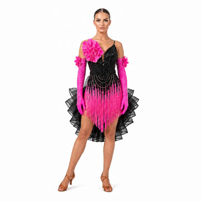 Custom Black & Hot Pink Rhinestone Fringe Latin Dance Competition Dress