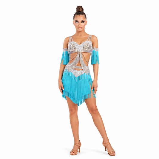 Custom Light Blue Fringe Cut‑Out Waist Latin Dance Competition Dress