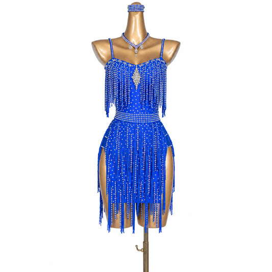 Customizable Sapphire Crystal Fringe Latin Competition Dress
