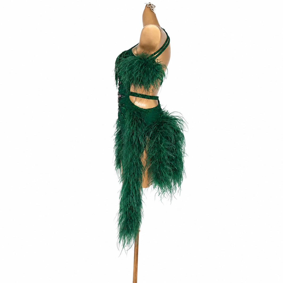 Custom Green Feather Halter Latin Dance Dress with Rhinestones