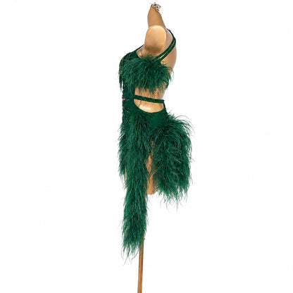 Custom Green Feather Halter Latin Dance Dress with Rhinestones