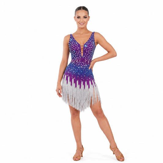 Custom Purple Ombre Fringe Latin Competition Dress