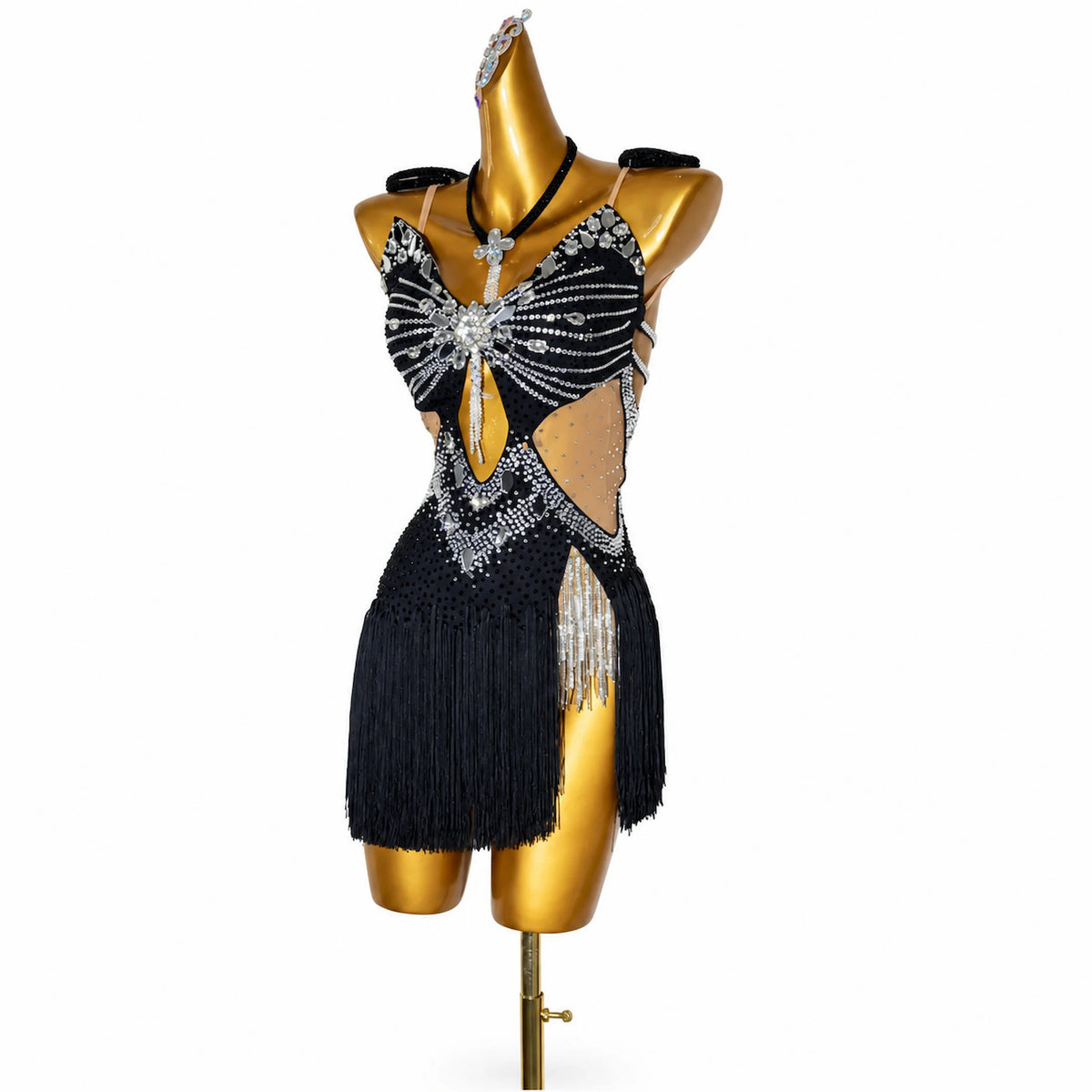 Custom Black Sheer Mesh Stone Fringe Latin Competition Dress