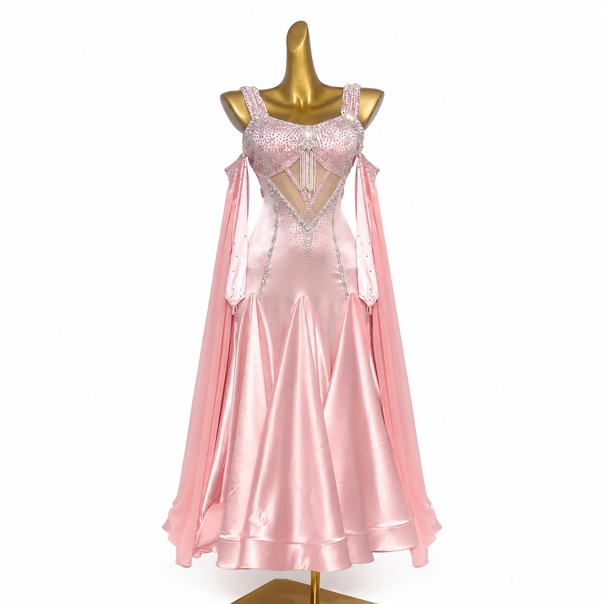 Custom Pink Satin Ballroom Competition Dress with Rhinestones