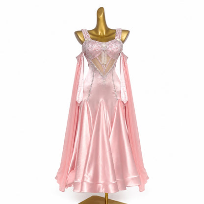 Custom Pink Satin Ballroom Competition Dress with Rhinestones