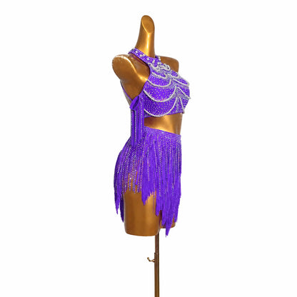 Custom Purple Rhinestone Fringe Two-Piece Latin Competition Dress