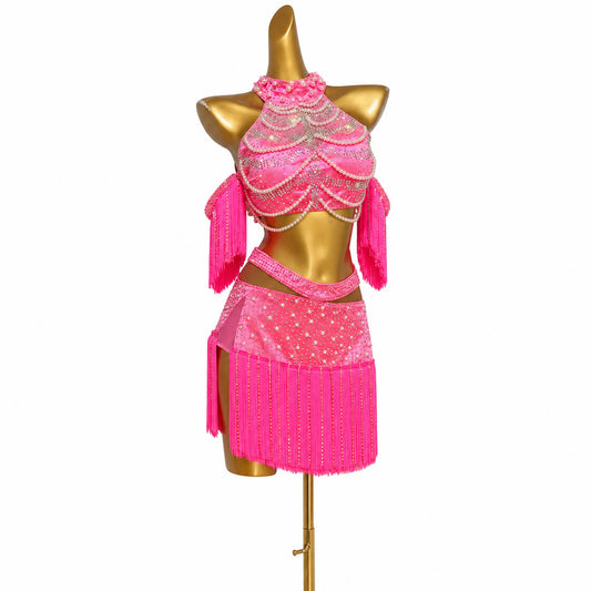 Custom Hot Pink Halter Pearl Fringe Latin Competition Dress