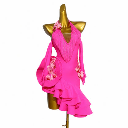 Custom Hot Pink Orchid Ruffle Latin Competition Dress