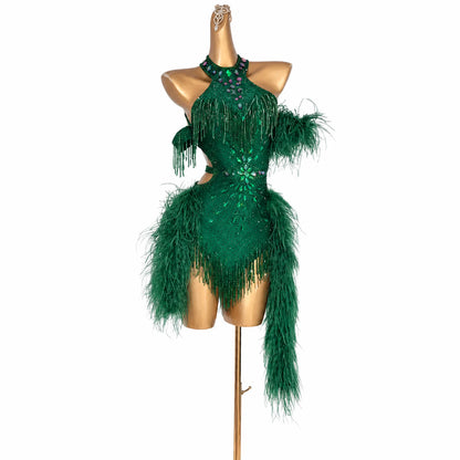 Custom Green Feather Halter Latin Dance Dress with Rhinestones