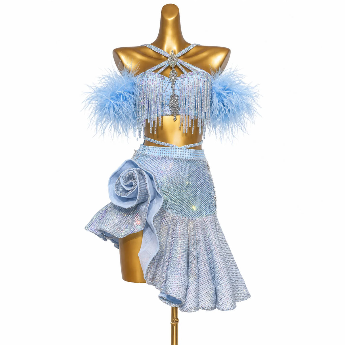Custom Blue Feather Crystal Tassel Latin Dance Competition Dress