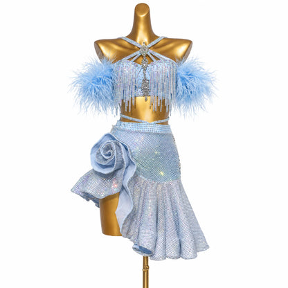 Custom Blue Feather Crystal Tassel Latin Dance Competition Dress
