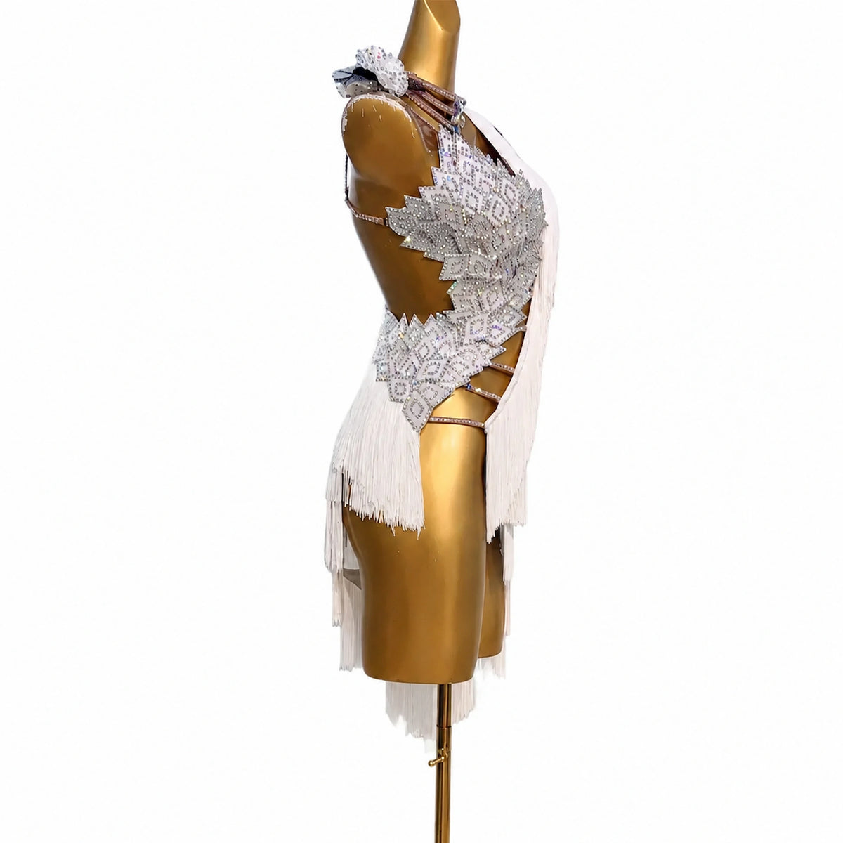 Custom White Geometric Rhinestone Fringe Latin Competition Dress