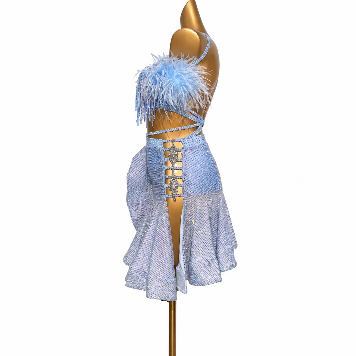 Custom Blue Feather Crystal Tassel Latin Dance Competition Dress