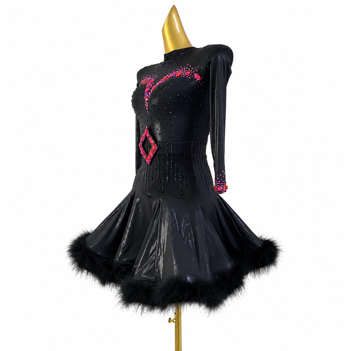 Custom Black Long Sleeve Feather Latin Dance Competition Dress