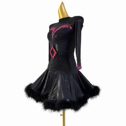 Custom Black Long Sleeve Feather Latin Dance Competition Dress