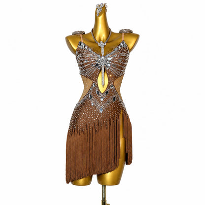 Custom Brown Cutout Stone Fringe Latin Competition Dress