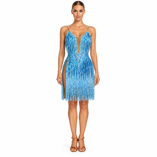 Custom Vibrant Sky-Blue Ombre Fringe Latin Competition Dress