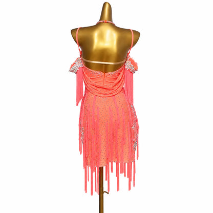 Custom Coral Draped Floral Stone Fringe Latin Competition Dress