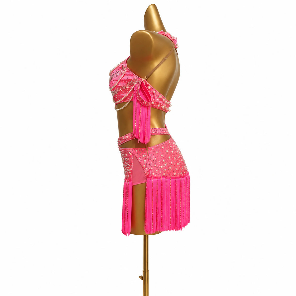Custom Hot Pink Halter Pearl Fringe Latin Competition Dress