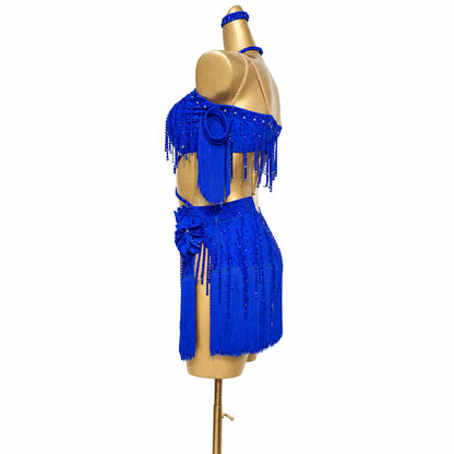 Custom Royal Blue Crisscross Floral Fringe Latin Competition Dress