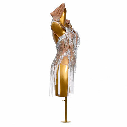 Custom Nude Ombre Crystal Fringe Latin Dance Dress