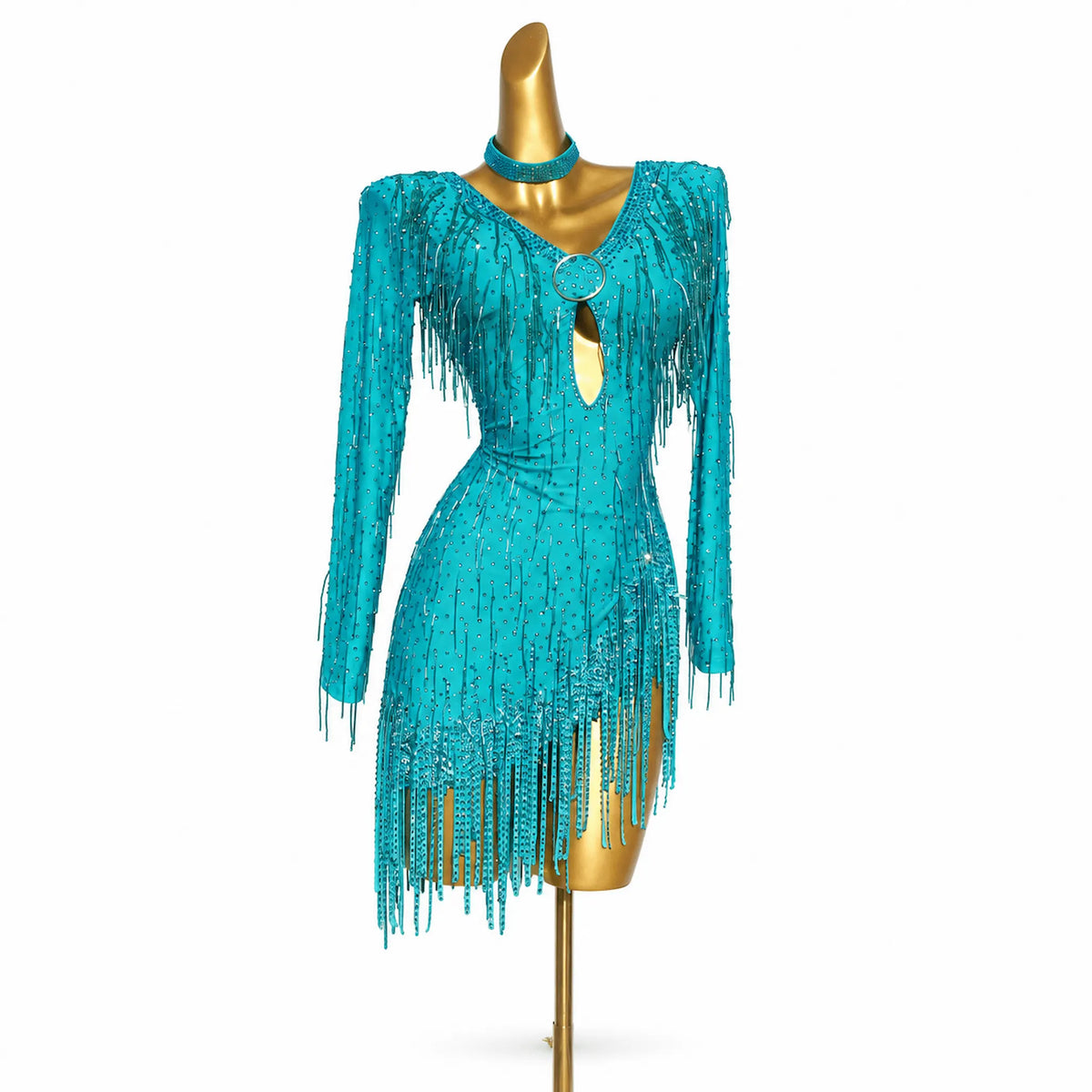 Custom Turquoise Fringe Latin Competition Dress