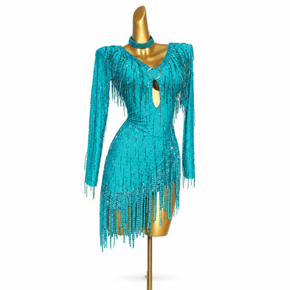 Custom Turquoise Fringe Latin Competition Dress