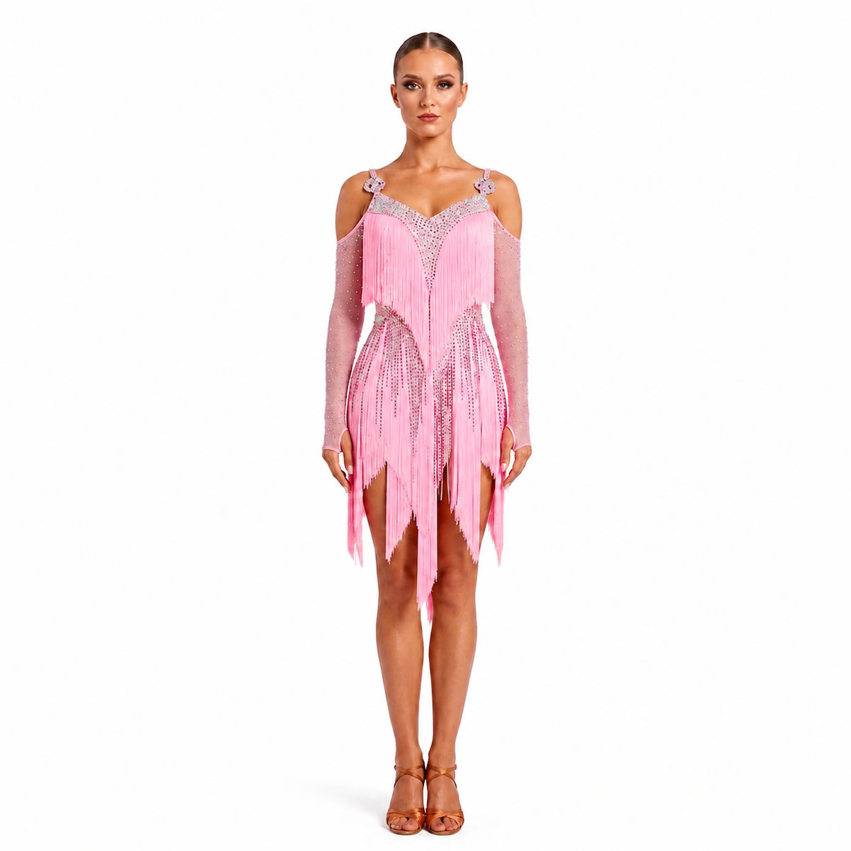 Custom Dynamic Pink Fringe Latin Competition Dress