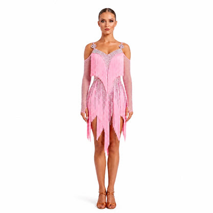 Custom Dynamic Pink Fringe Latin Competition Dress
