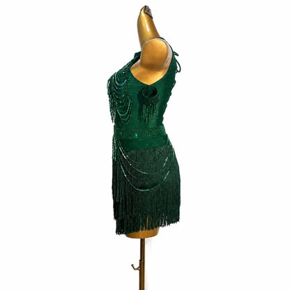 Custom Dark Green Halter Rhinestone Fringe Latin Competition Dress