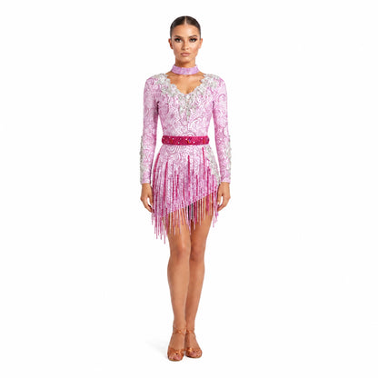 Custom Pastel Pink Long Sleeve Crystal Fringe Latin Competition Dress