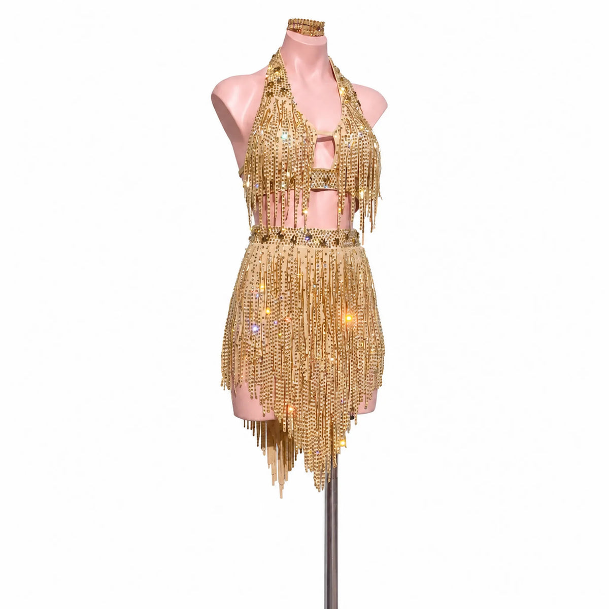 Custom Champagne Gold Halter Fringe Latin Competition Dress with Cutout