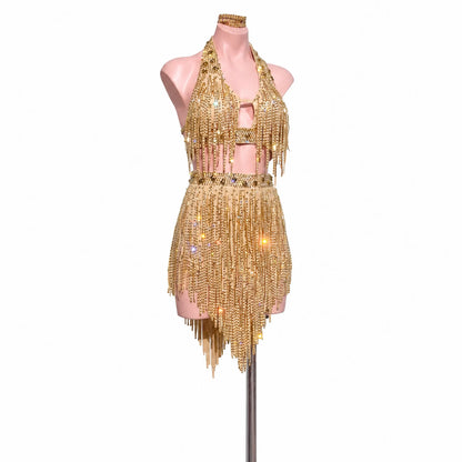 Custom Champagne Gold Halter Fringe Latin Competition Dress with Cutout