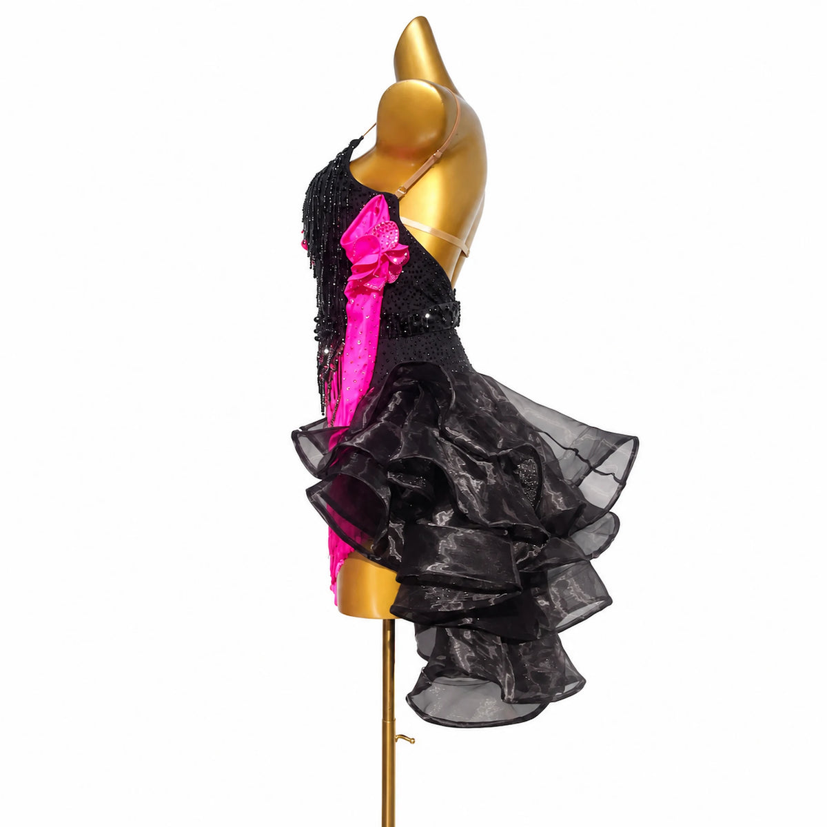 Custom Black & Hot Pink Rhinestone Fringe Latin Dance Competition Dress