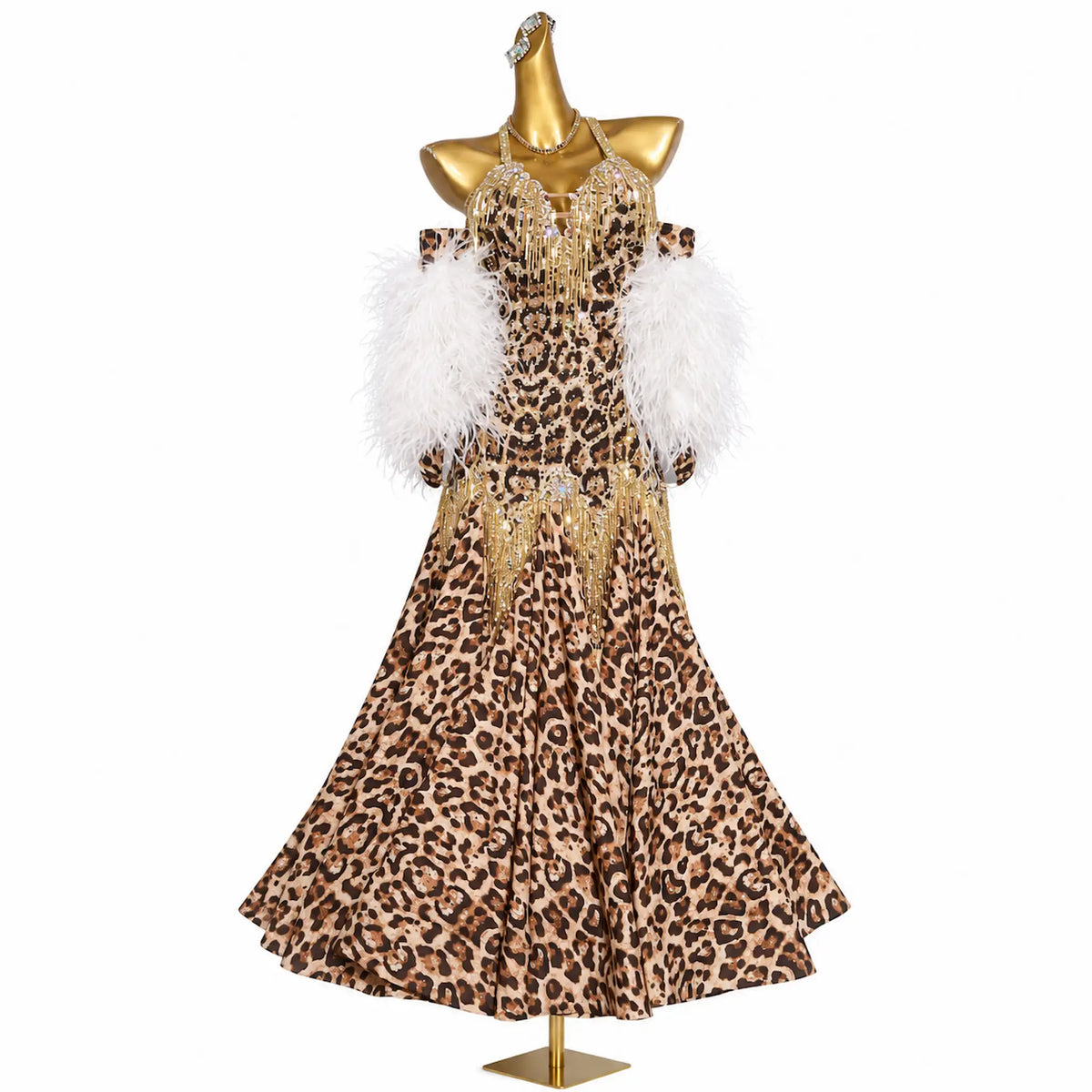 Custom Leopard Pattern Feather Stone Fringe Ballroom Competition Dress