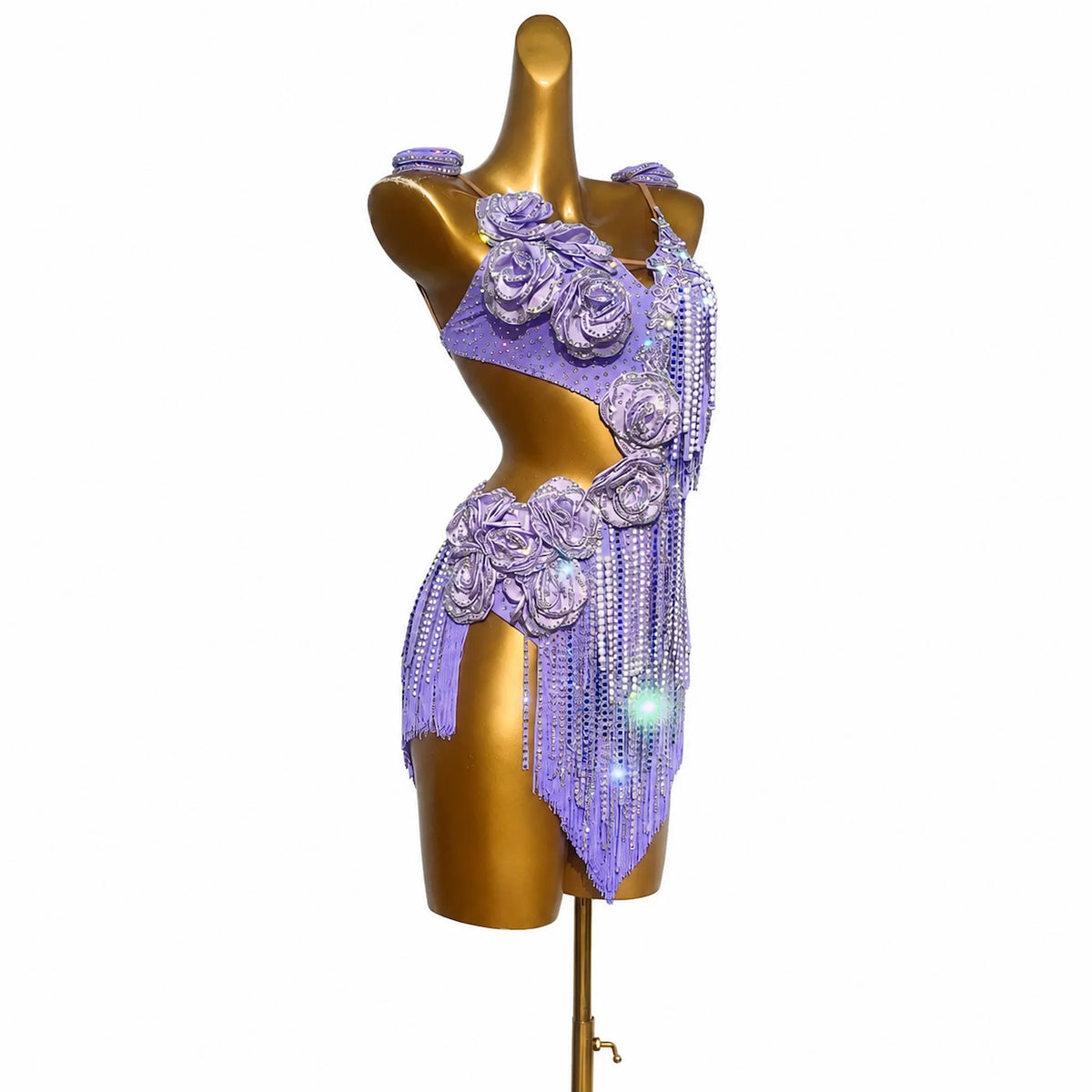 Customizable Lavender Floral Crystal Fringe Latin Competition Dress