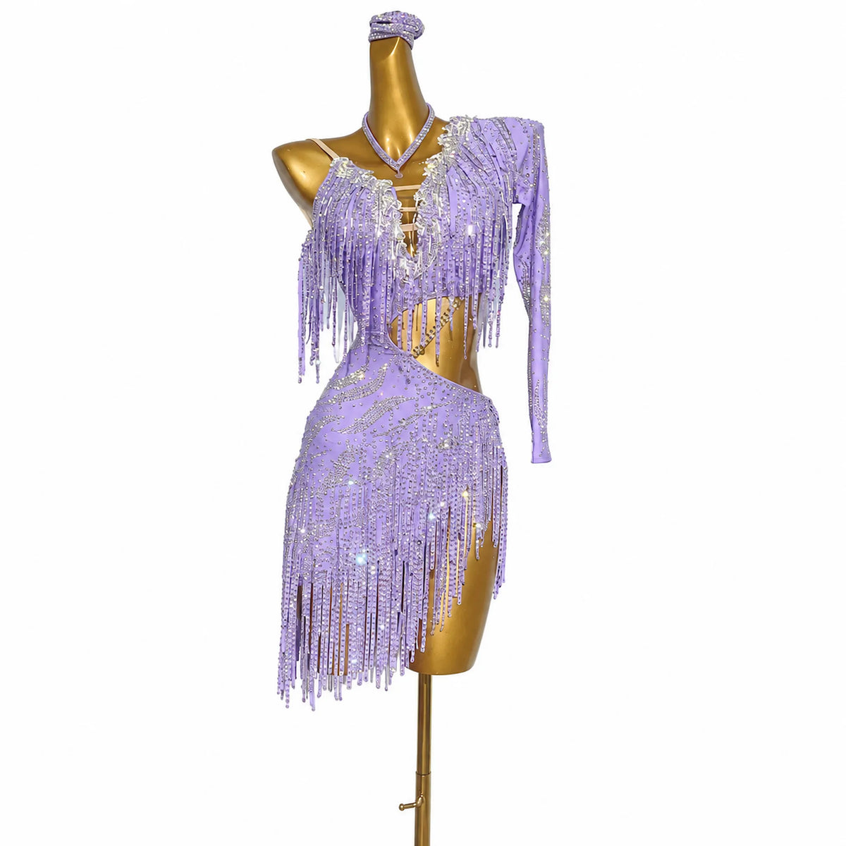 Custom Lilac Single Sleeve Cutout Fringe Latin Competition Dress