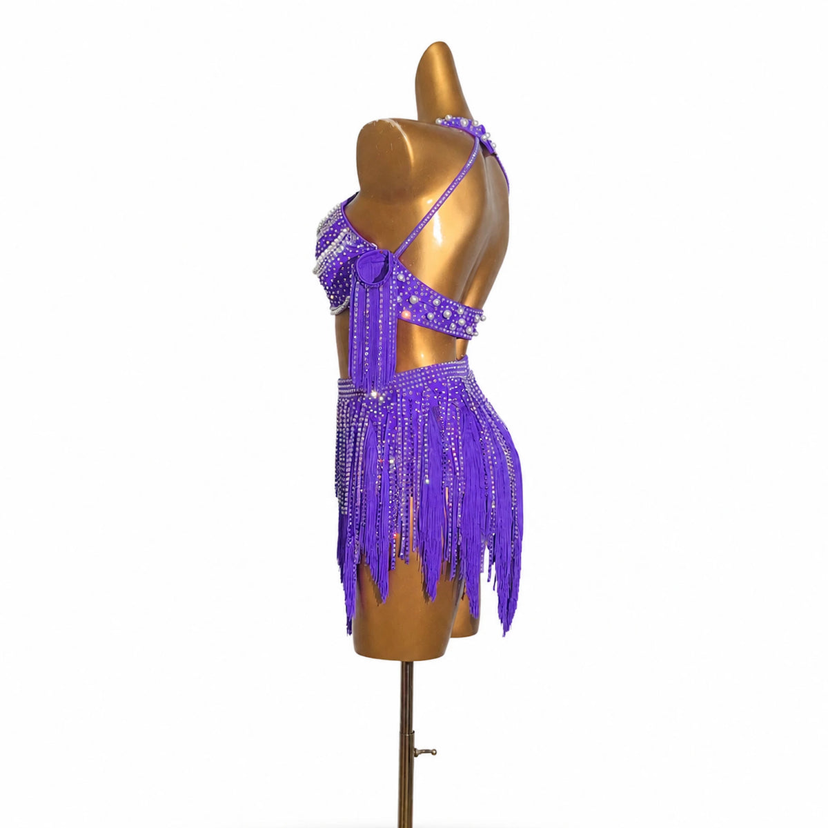Custom Purple Rhinestone Fringe Two-Piece Latin Competition Dress