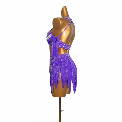 Custom Purple Rhinestone Fringe Two-Piece Latin Competition Dress