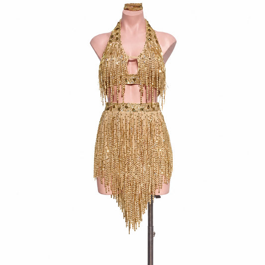 Custom Champagne Gold Halter Fringe Latin Competition Dress with Cutout