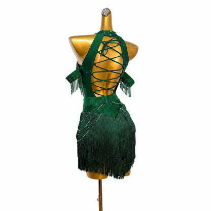 Custom Dark Green Halter Rhinestone Fringe Latin Competition Dress