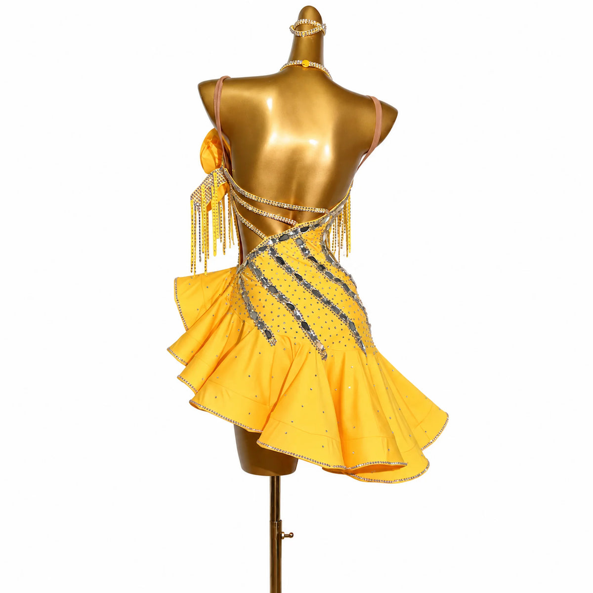 Custom Yellow Floral Fringe Stone Latin Competition Dress