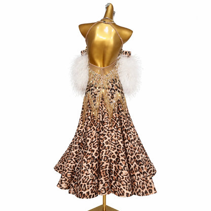 Custom Leopard Pattern Feather Stone Fringe Ballroom Competition Dress