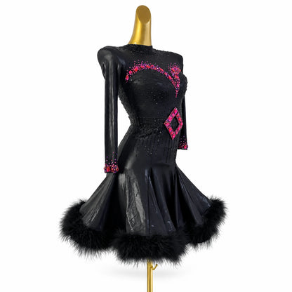 Custom Black Long Sleeve Feather Latin Dance Competition Dress