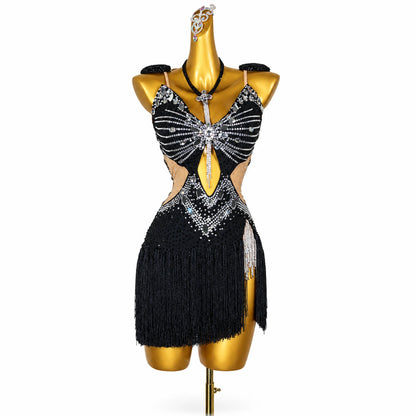 Custom Black Sheer Mesh Stone Fringe Latin Competition Dress